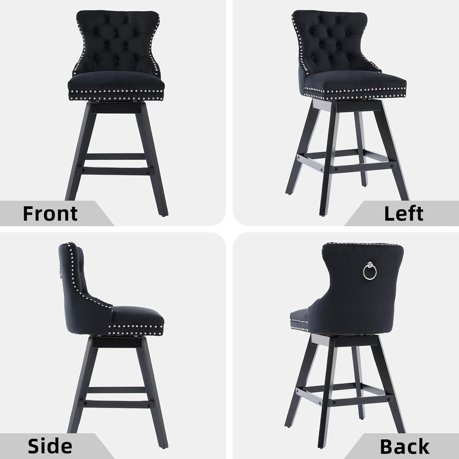 Black Bar Stools Set of 2, Modern Swivel Velvet Counter Height Barstools, Upholstered Kitchen Island Chairs with Button Tufted Back, Rivet Trim, Solid Wood Legs, 26' H Seat, Black