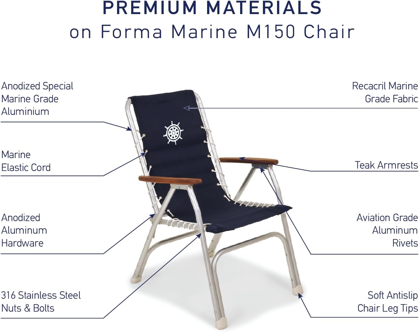 Boat Chairs High Back Navy Blue Deck Folding Marine Aluminum Teak Furniture Set of 2 M150NB