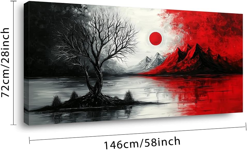 GAFSING Modern Abstract Canvas Wall Art, Black & Red Cloud Tree, 28x58inch, Living Room, Bedroom Decor
