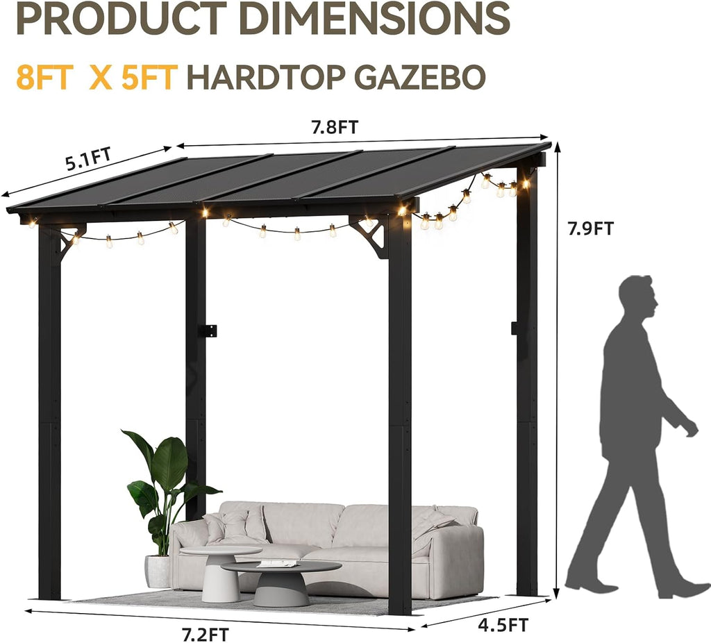 Aoxun 8' x 5' Gazebo for Patio, Gazebo Pergola with Sloped Roof and LED Waterproof Hanging Lights Large Wall-Mounted Heavy Duty Awning for Backyard, Deck, Patio