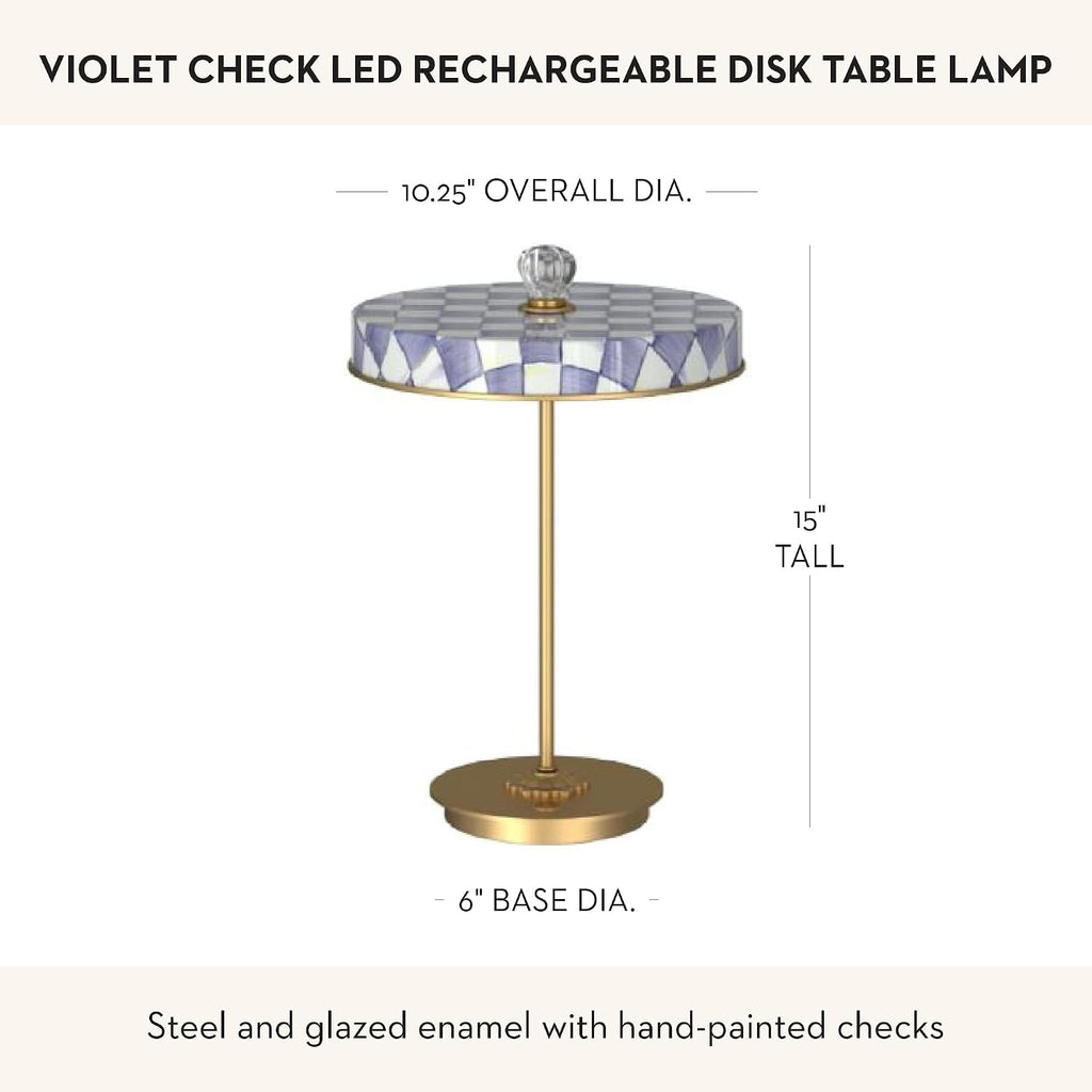 MACKENZIE-CHILDS LED Rechargeable Disk Table Lamp, Cordless Decorative Lamp, Purple-and-White Violet Check