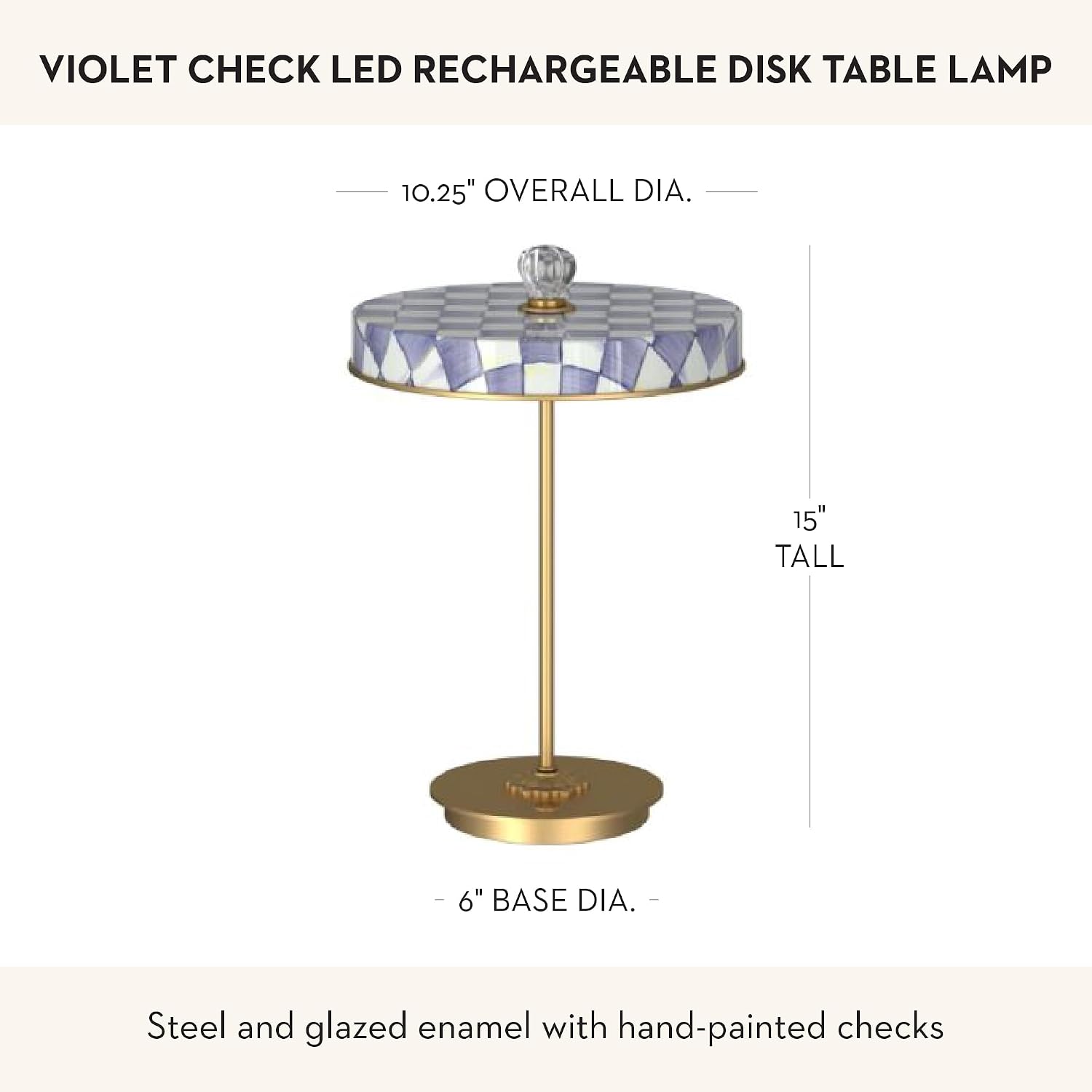 MACKENZIE-CHILDS LED Rechargeable Disk Table Lamp, Cordless Decorative Lamp, Purple-and-White Violet Check