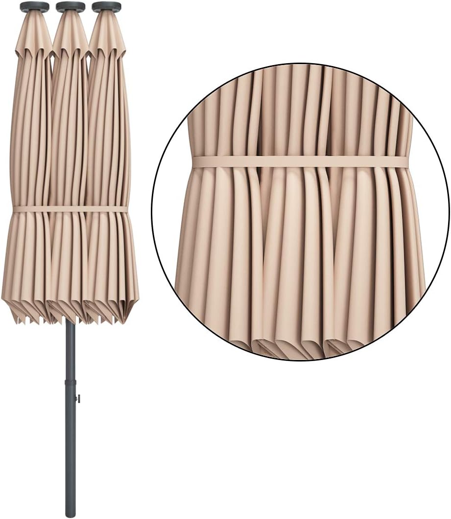 Tangkula 15 Ft Double Sided Patio Umbrella with Solar Lights, Extra Large Rectangle Outdoor Umbrella with 36 LED Lights & Crank Handle for Deck, Poolside, Garden, Backyard (Beige)