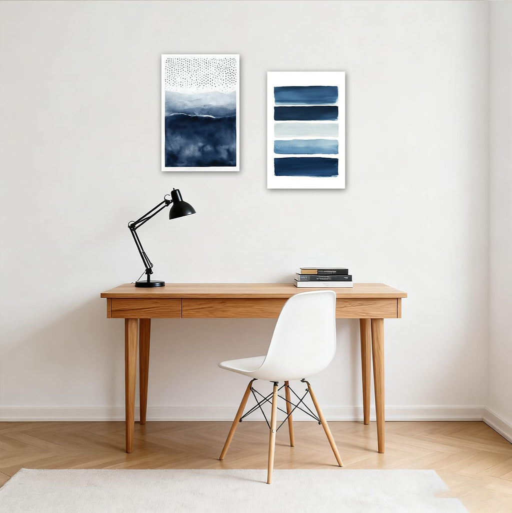 SWQYLB Navy Blue Canvas Wall Art 2 Pieces Neutral Blue and White Abstract Paintings Wall Decor Watercolor Pictures for Modern Minimalist Print Office Decor Framed (24x36inchx2 Pieces)