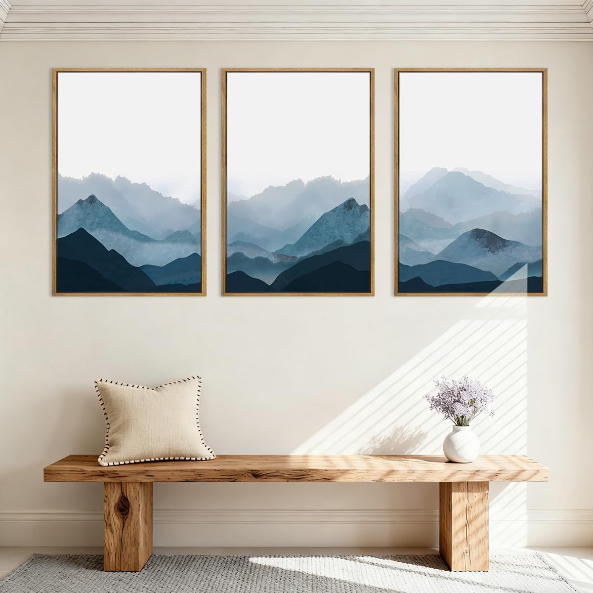 BINCUE Large Blue Mountain Wall Art Fog Blue Ridge Mountains Artwork Framed Minimalist Mountains Wall Decor Simple Mountain Pictures Landscape Artwork for Living Room Bedroom Office Farmhouse 24x36 Inch 3 Piece