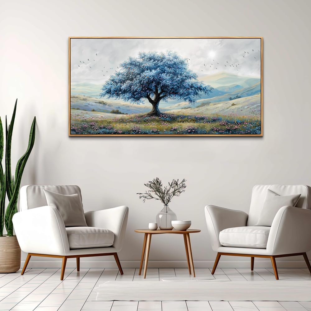 ZUITINGHUA Wood Framed Canvas Wall Art For Living Room Large Wall Decor For Office Bedroom Decorations Blue Tree Landscape Pictures Farmhouse Paintings Artwork Wall Mural Modern Home Decor 30x60 In