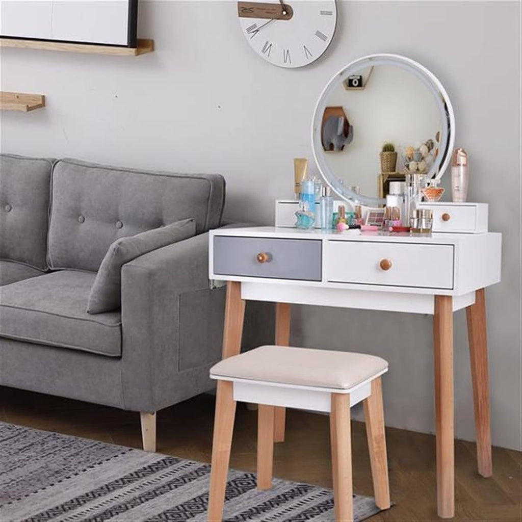 Dresser Vanity Table with Mirror Bedroom Wood Dressing Table Simple Makeup Table with Lamp Three Color Adjustable Dressing Table (Color : White)