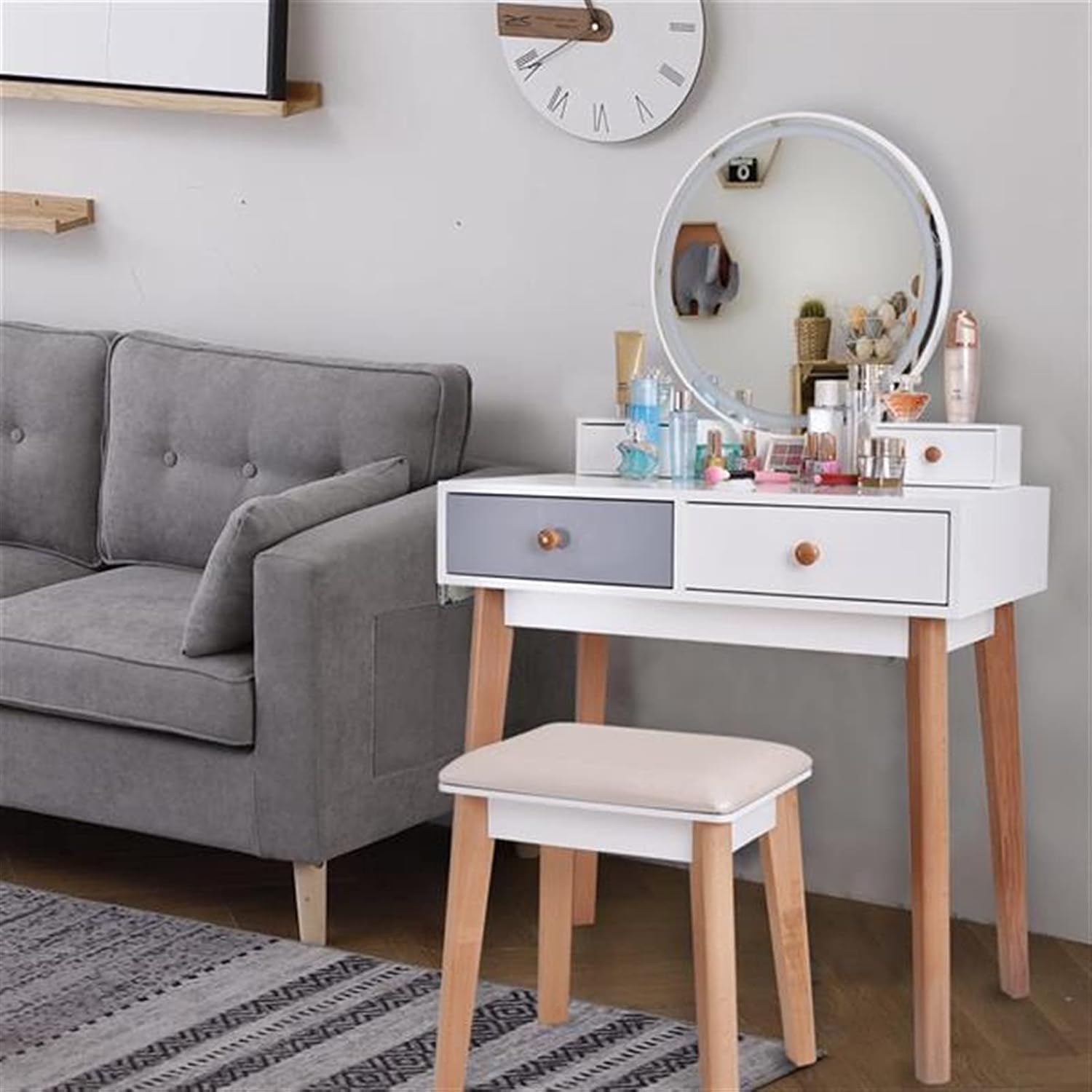 Dresser Vanity Table with Mirror Bedroom Wood Dressing Table Simple Makeup Table with Lamp Three Color Adjustable Dressing Table (Color : White)