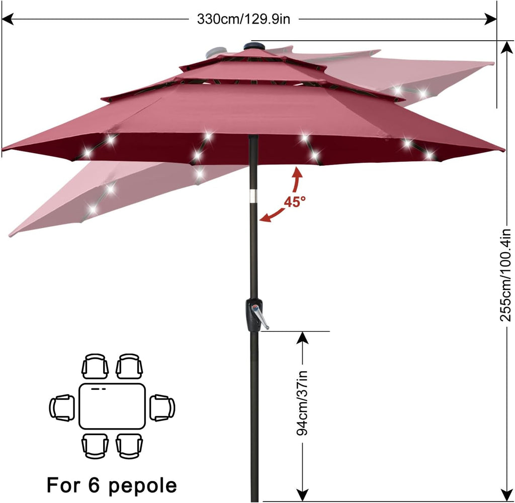 ABCCANOPY 3-Tiers 11FT Solar Patio Umbrella, Outdoor Umbrella with 32 LED Lights for for Deck, Pool, Garden, Backyard (Burgundy)