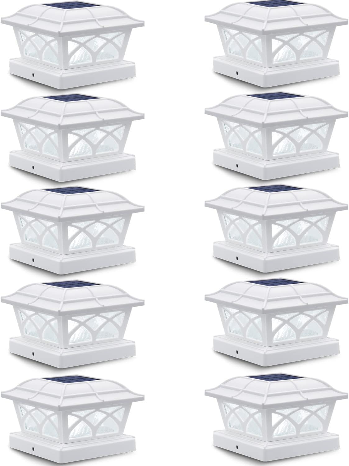 SIEDiNLAR Solar Post Cap Lights Outdoor Glass 2 Color Modes 8 LEDs for 4x4 5x5 6x6 Wooden Vinyl Posts Fence Deck Patio Decoration Warm White & Cool White Lighting White (10 Pack)