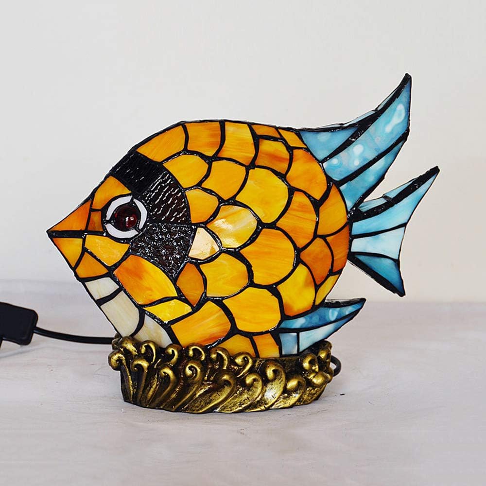 Lighting Fish Desk Light Tiffany 15W Plug in Table Lamp 1 Light Cute Stained Glass Animals Night Light in Yellow for Girls Bedroom Kid's Room