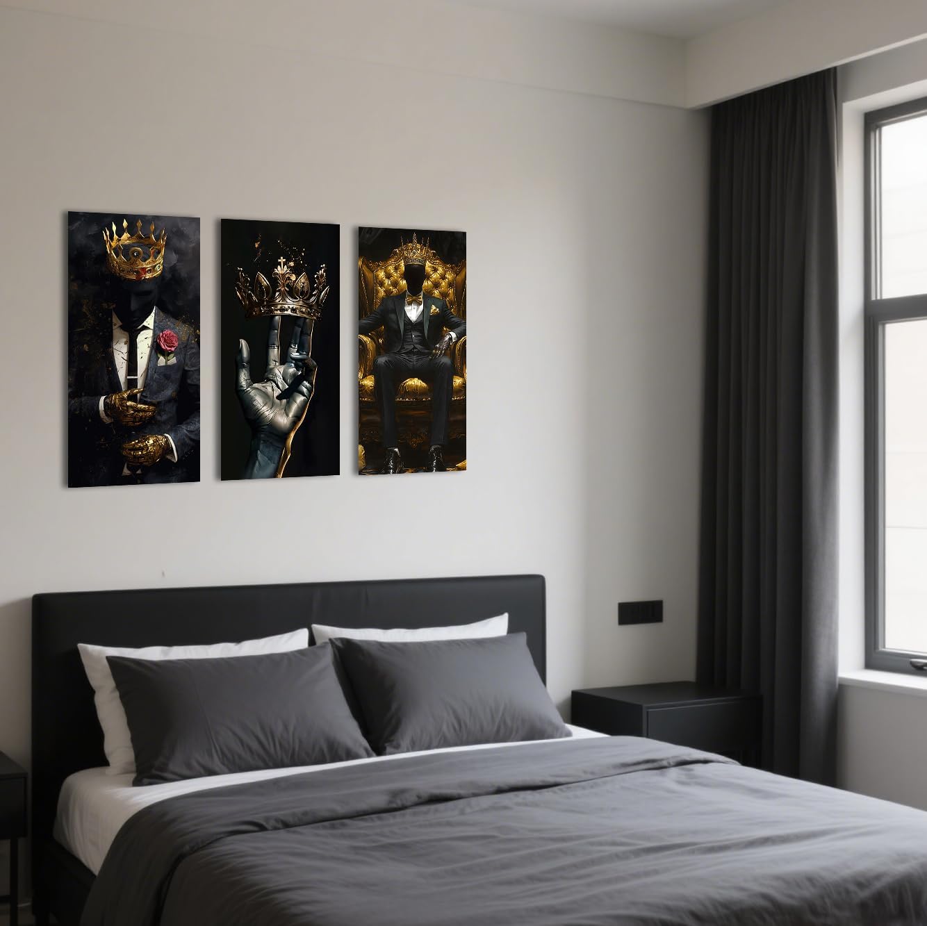 SWQYLB Black Man Canvas Wall Art 3 Pieces African American Pictures Afro King Poster Prints Gold Crown Painting for Men Bedroom Office Decor Framed (Black, 36x18inchx3 Pieces)