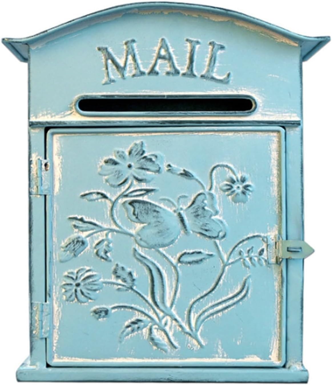 Mailbox Metal Wall Mount Drop Box Outdoor Letter Delivery Box Floral Pattern Post Office Box Curbside Mailbox Nostalgic Design(Blue)