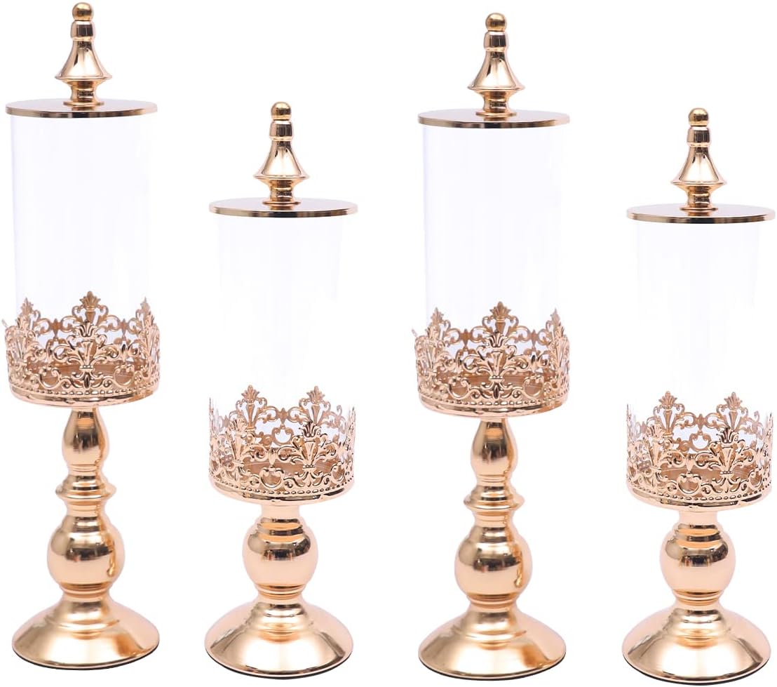 Candy Jars with Lids,4 PCS Gold Metal Sugar Bowl Holder Set,Candy Dish Buffet Storage Container Dessert Snack Biscuit Table Decor Stands for Home Wedding Party