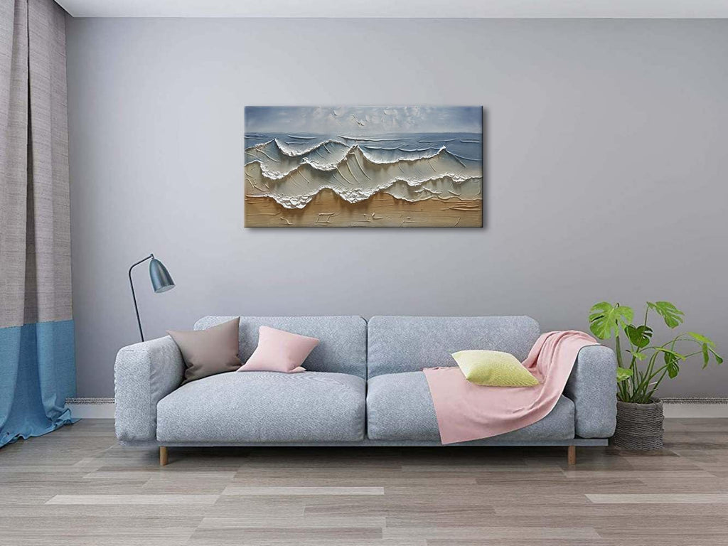 Slyart Abstract Blue Ocean Wave Wall Art, Textured Oil Painting on Canvas Relief Wall Art, 24' x 48' Abstract Modern Sea Artwork Wall, Neutral Wall Decor