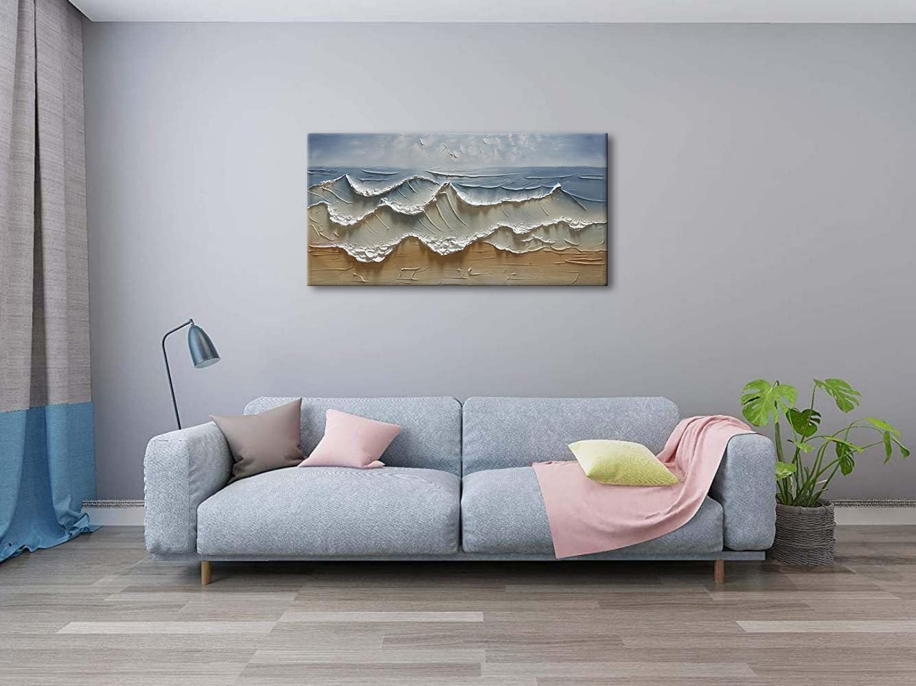 Slyart Abstract Blue Ocean Wave Wall Art, Textured Oil Painting on Canvas Relief Wall Art, 24' x 48' Abstract Modern Sea Artwork Wall, Neutral Wall Decor