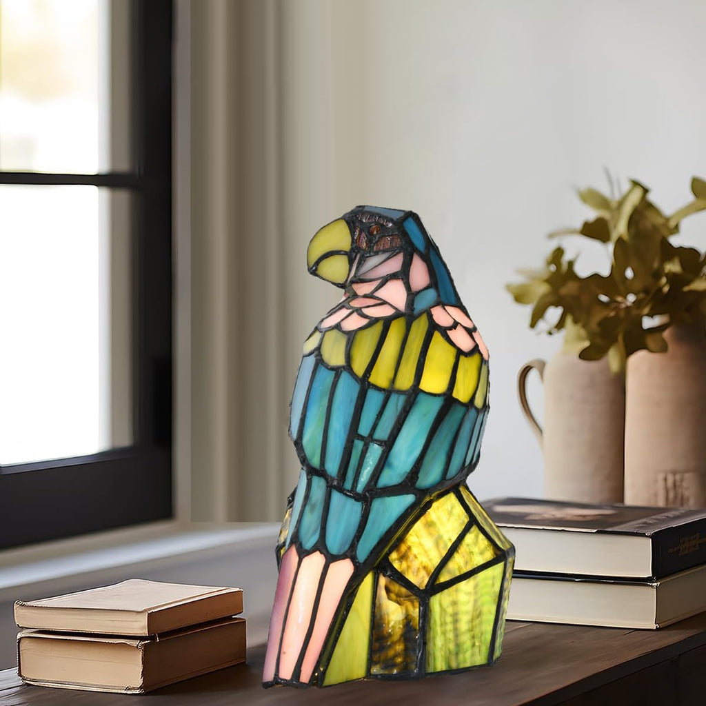 A0023 Tiffany Style Stained Glass Parrot Table Lamp, Handcrafted Colorful Bird Accent Light,W 7.25' x H 11.5' Vintage Desk Lamp for Bedroom Living Room Cafe, LED Bulb Included