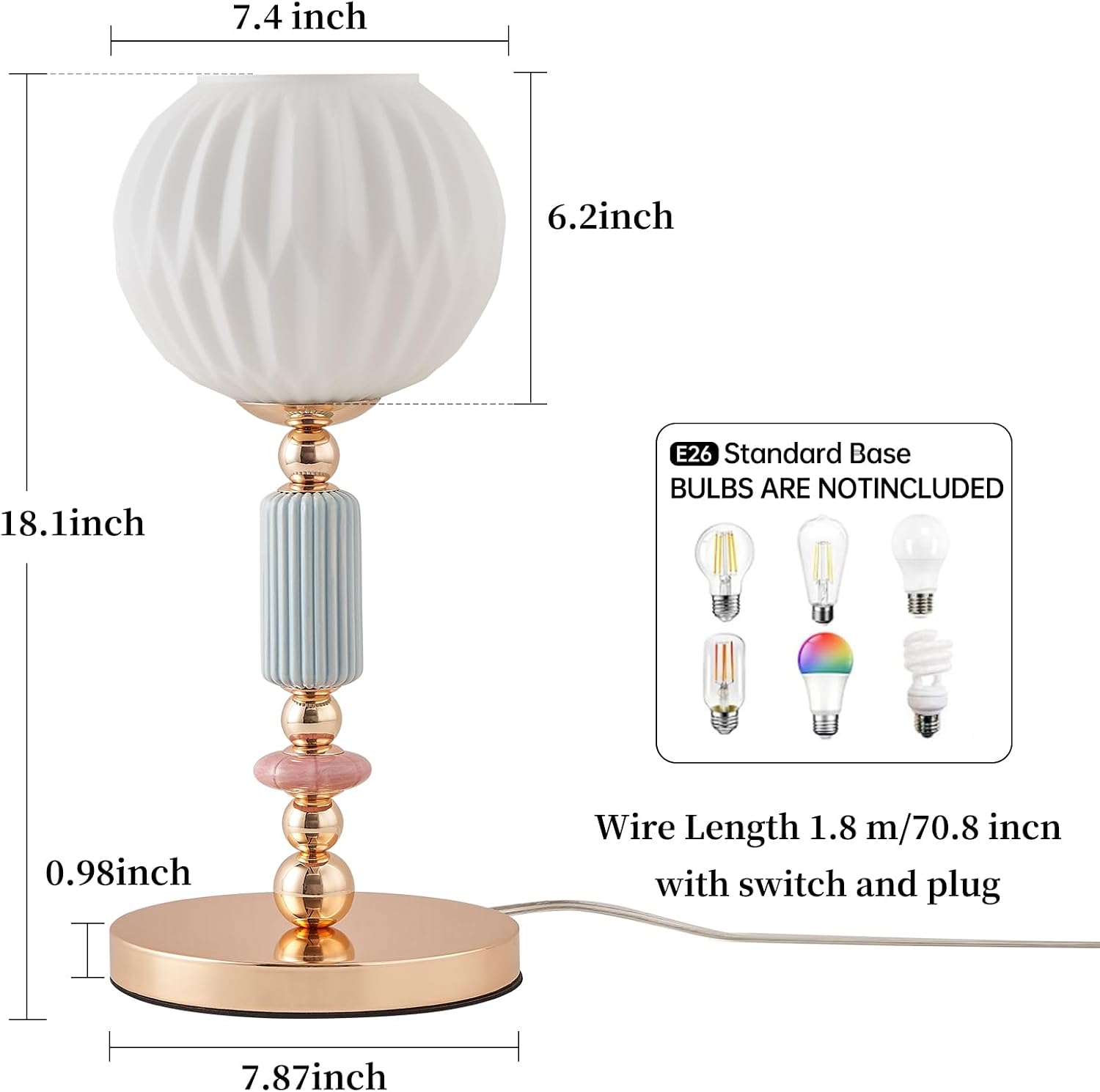 Modern Milk White Glass Table Lamp Bedside Nightstand Lamp Metal Desk Light with Plug Cord Switch for Bedroom Living Room Dining Room