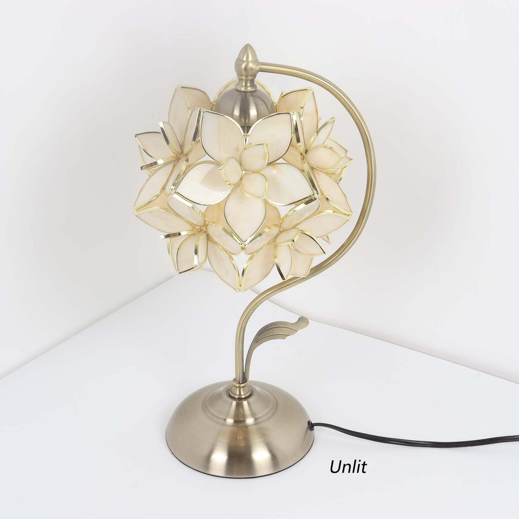 Bieye L11029 Tiffany Style Stained Glass Flower Petal Table Lamp with Brass Base for Home Décor (Cream, 8' Rose Lily)
