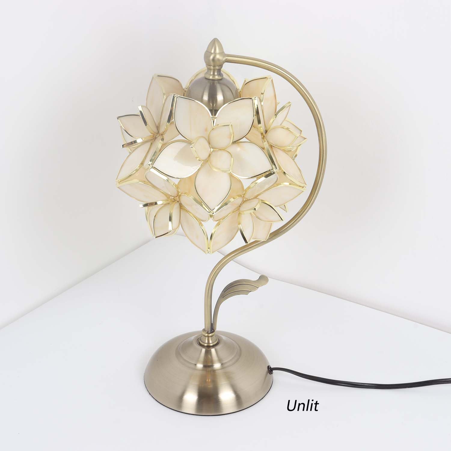 Bieye L11029 Tiffany Style Stained Glass Flower Petal Table Lamp with Brass Base for Home Décor (Cream, 8' Rose Lily)