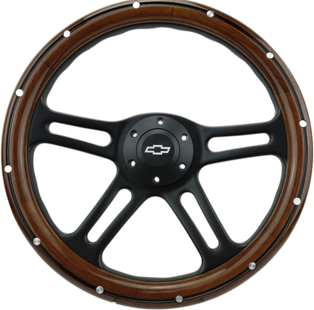 14' Billet Black Aluminum Steering Wheel w/Real Mahogany Wood Rivet Half wrap & Chevy Engraved Horn
