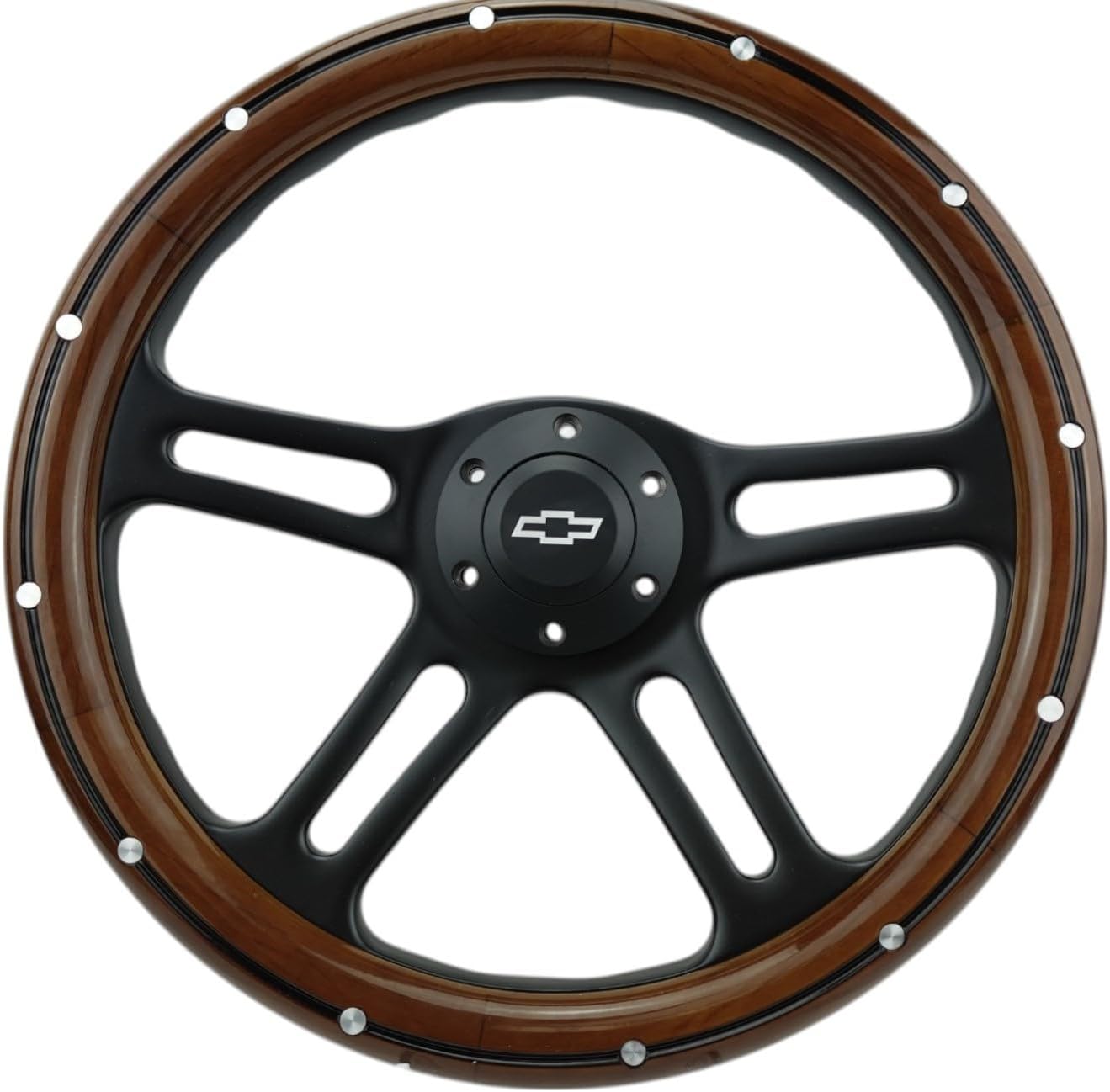 14' Billet Black Aluminum Steering Wheel w/Real Mahogany Wood Rivet Half wrap & Chevy Engraved Horn