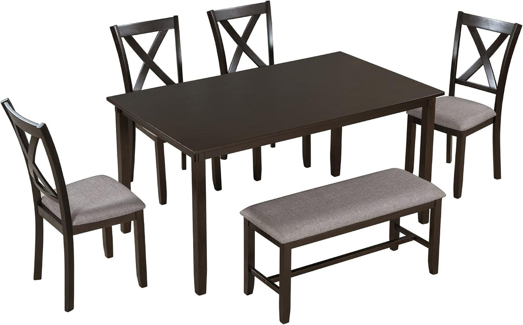 6-Piece Dining Room Table Set, Rustic Farmhouse Wood Dining Table Set with Rectangular Table 4 Upholstered Padded Chairs and 1 Padded Bench, Dining Set for Family of 4-6 People (Espresso)
