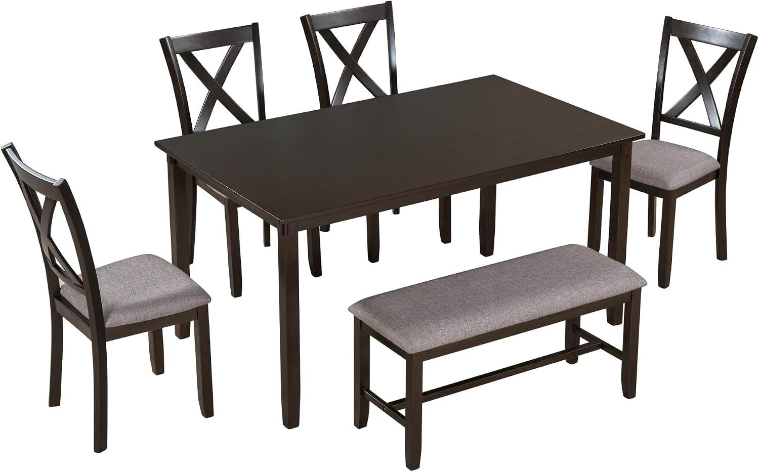 6-Piece Dining Room Table Set, Rustic Farmhouse Wood Dining Table Set with Rectangular Table 4 Upholstered Padded Chairs and 1 Padded Bench, Dining Set for Family of 4-6 People (Espresso)