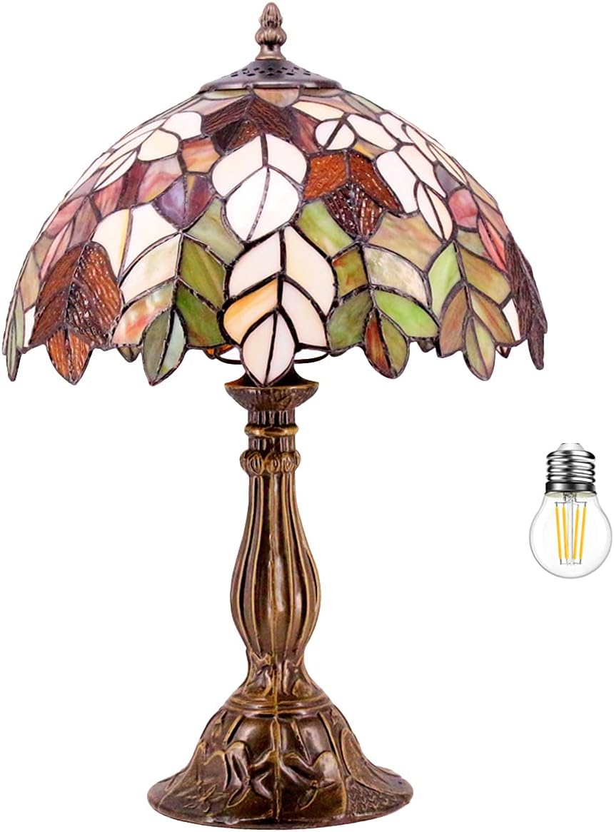 WERFACTORY Tiffany Table Lamp Stained Glass Style Maple Leaf Bedside Lamp Desk Reading Light 12X12X18 Inches Decor Bedroom Living Room Home Office S804 Series