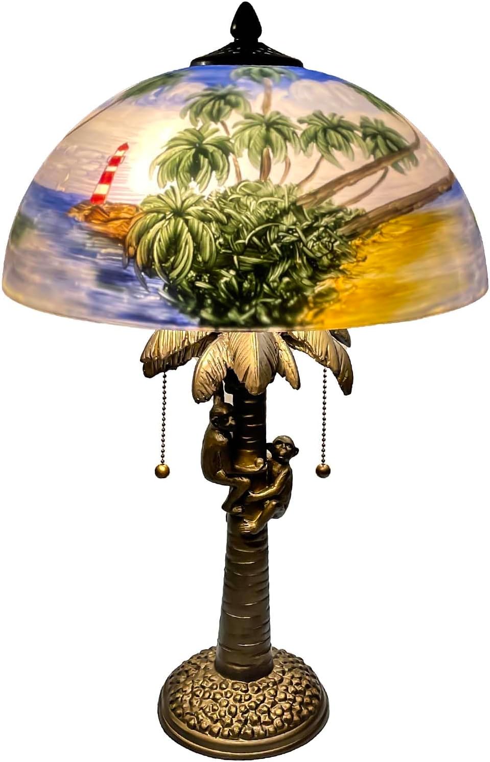 Bieye L10944 Coconut Trees Tropical Beach Hand-Painted Glass Table Lamp with Monkeys Harvesting Coconuts Lamp Base for Home Decor