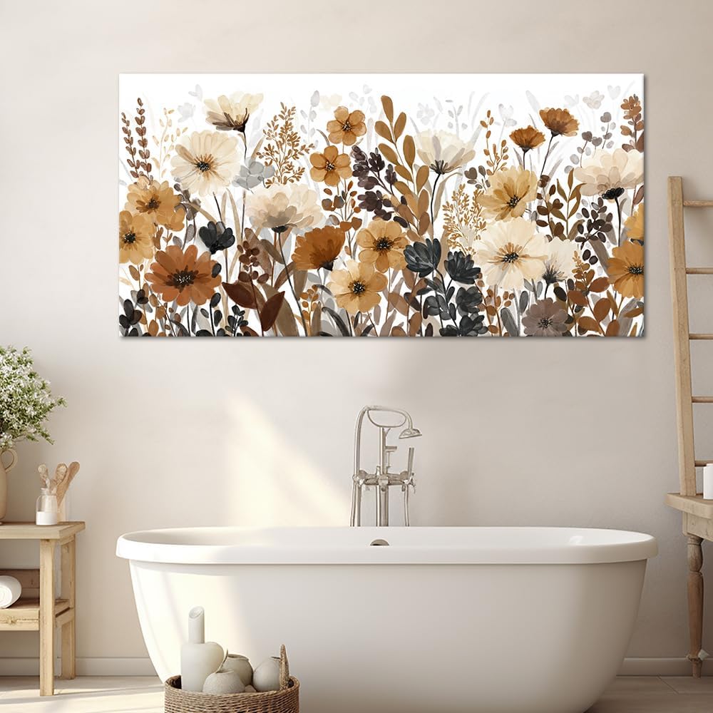 Watercolor Flower Wall Art Beige Brown Rustic Botanical Wildflower Picture Modern Country Aesthetic Painting Wall Decor Floral Landscape Canvas Prints Artwork for Bedroom Living Room Farmhouse 28'x58'