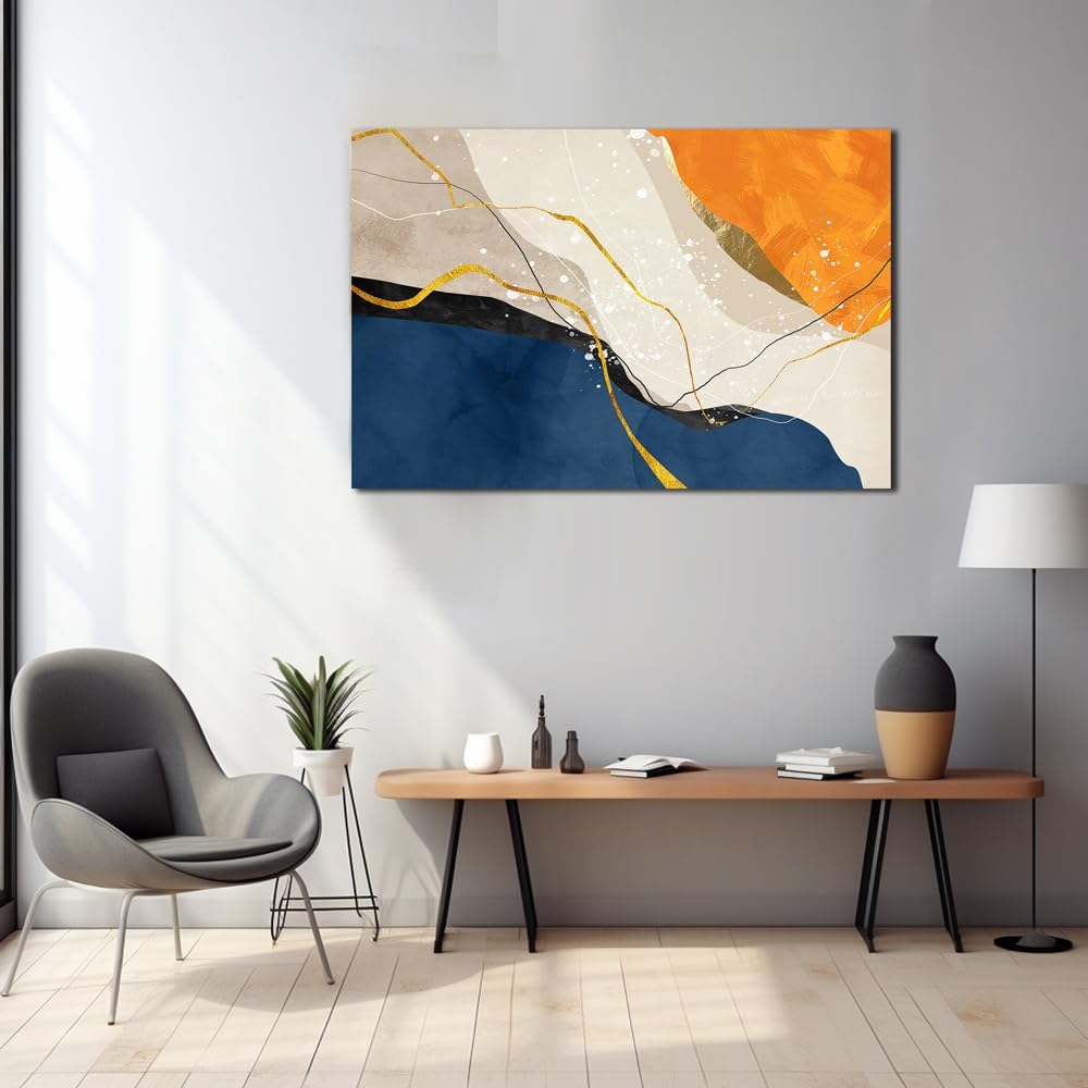 Abstract Canvas Wall Art for Living Room Large Nave Blue Abstract Wall Decor Picture Modern Orange Painting Artwork for Bedroom Home Office Decoration, Ready to Hang (Blue and Orange, 32'×48')