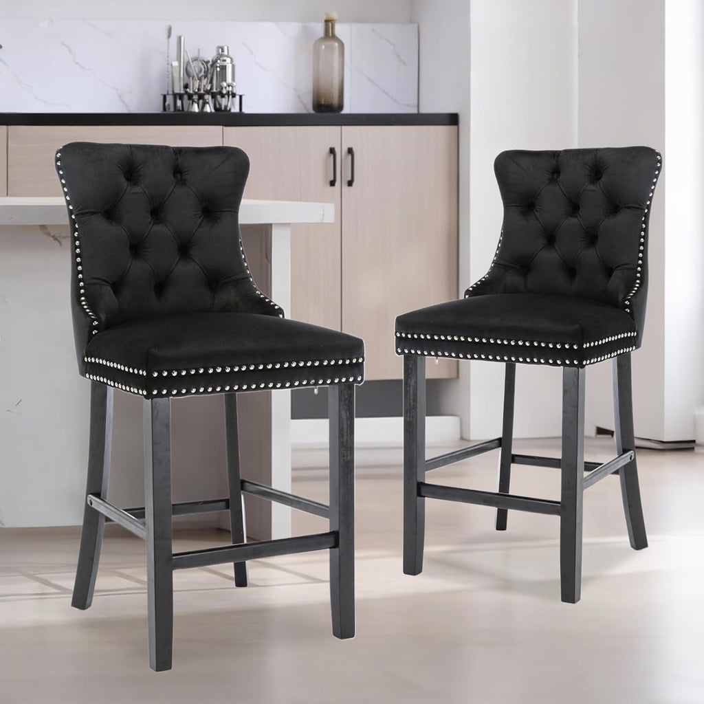 Elegant Velvet Bar Stools Set of 2,Delicate Upholstered Counter Height Barstool with Backrest,Wooden Legs Design for Kitchen Islands & Pubs（Black）