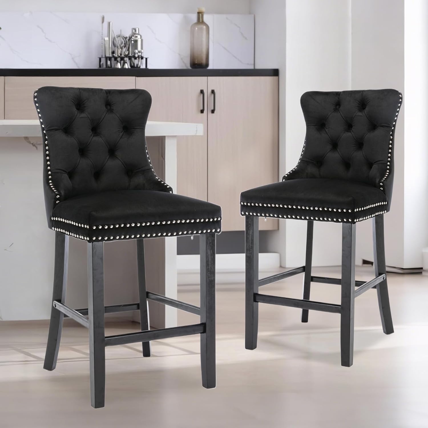Elegant Velvet Bar Stools Set of 2,Delicate Upholstered Counter Height Barstool with Backrest,Wooden Legs Design for Kitchen Islands & Pubs（Black）