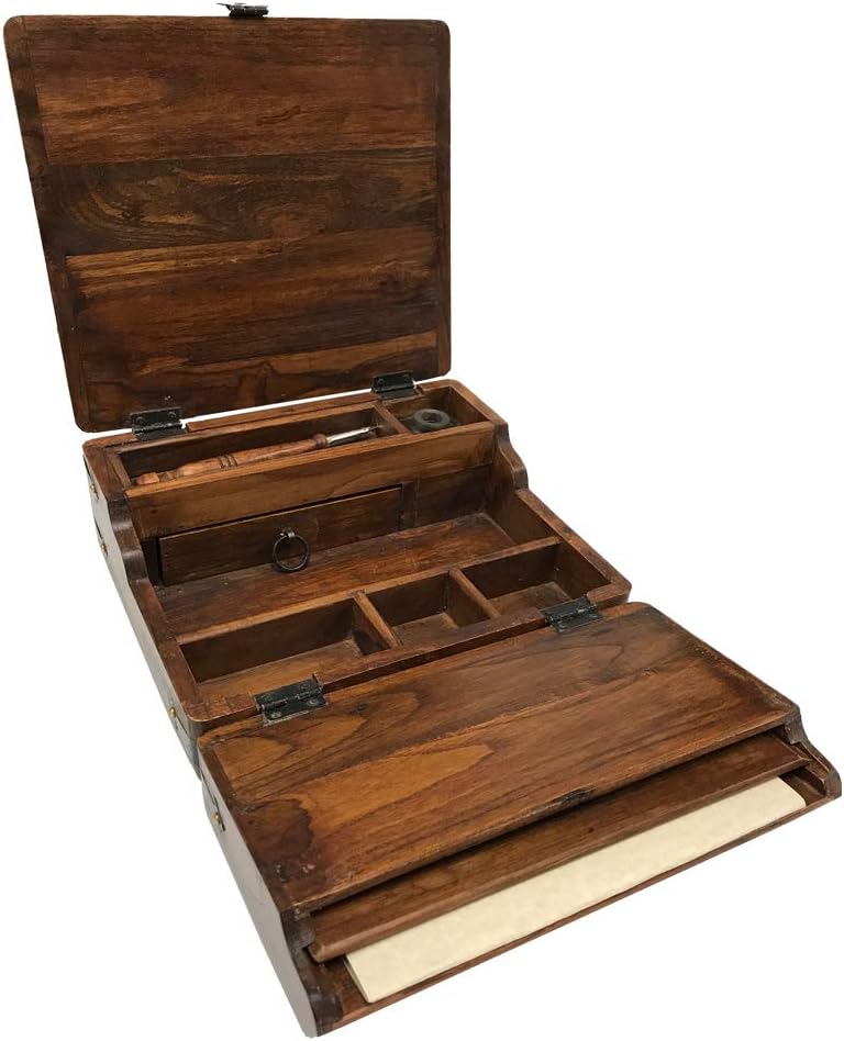 SCHOONER BAY 10-1/2' Colonial Style Distressed, Teak Wood Writing Box Reproduction with Accessories- Antique Reproduction