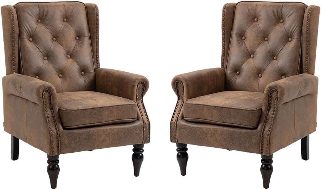 Mid-Century High Wingback Chair Set of 2,Microsuede Accent Chair Armchair with Buttons,Modern Living Room Chairs with Rivet Decoration,Leisure Single Sofa Chair for Bedroom,Home Reception (Coffee)