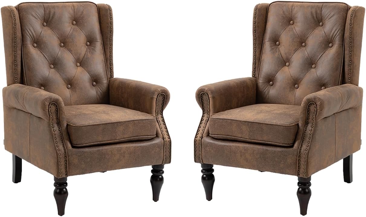 Mid-Century High Wingback Chair Set of 2,Microsuede Accent Chair Armchair with Buttons,Modern Living Room Chairs with Rivet Decoration,Leisure Single Sofa Chair for Bedroom,Home Reception (Coffee)