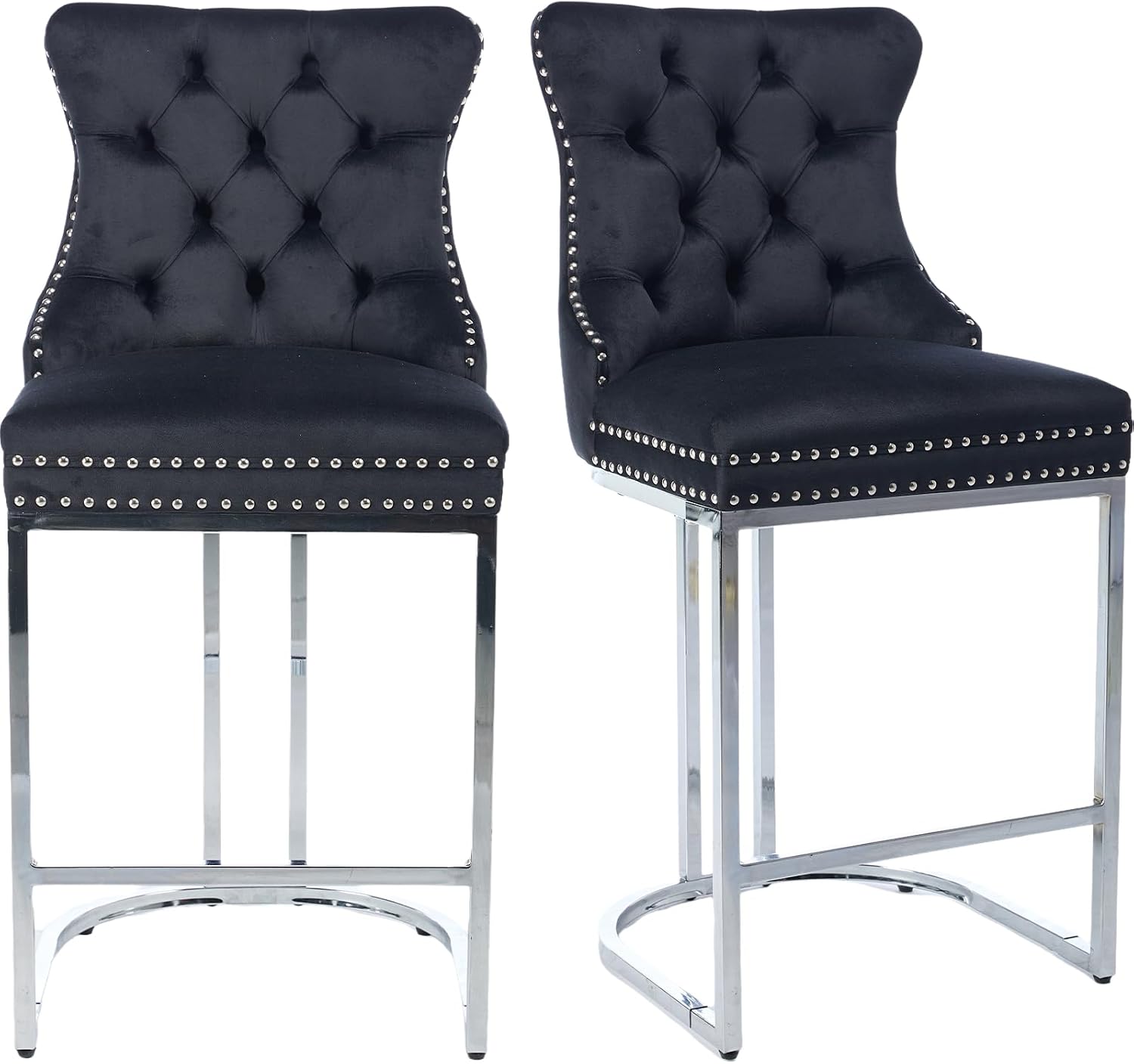25' Counter Height Bar Stools Set of 2, Velvet Counter Stools for Kitchen Island, Tufted High Chair with Backs, Fabric Upholstered Modern Barstools for Pub Cafe, Chromed Metal Legs (Black, 2Pcs)
