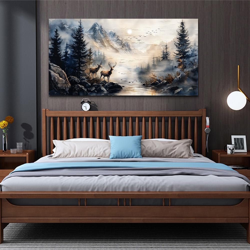 ERQINHUA Canvas Wall Art For Bedroom Large Wall Decor For Living Room Modern Office Decor Abstract Ink Painting Elk Forest landscape Wall Pictures Ready To Hang Home Decorations Posters 30'X60'