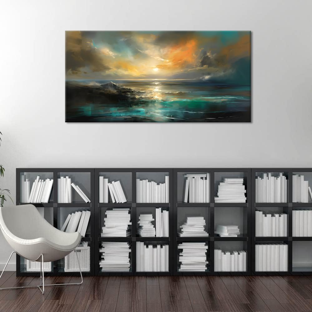 Lasdel Ocean Sunset Landscape Canvas Wall Art for Living Room Bedroom Home Decoration, Beautiful Nature Scenery Oil Painting Print Picture Decor Artwork, Gallery Wrapped Gift Inner Frame 28x58 Inches