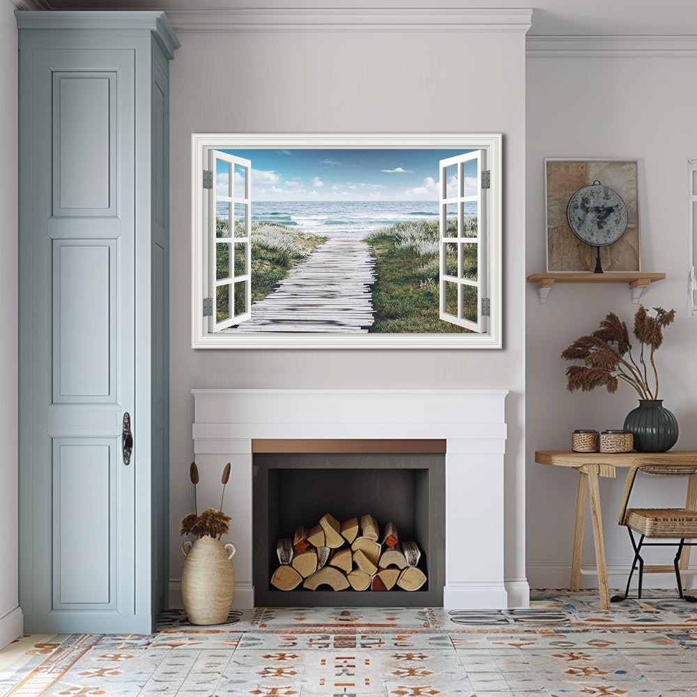 Ocean Canvas Wall Art Decor for Living Room Beach Flowers Path Pictures for Bedroom White Fake Window Frame Style Seascape Painting Extra Large Blue Coastal Landscape Art Print Hone Office Kitchen Basement Decorations 32' x 48'inch