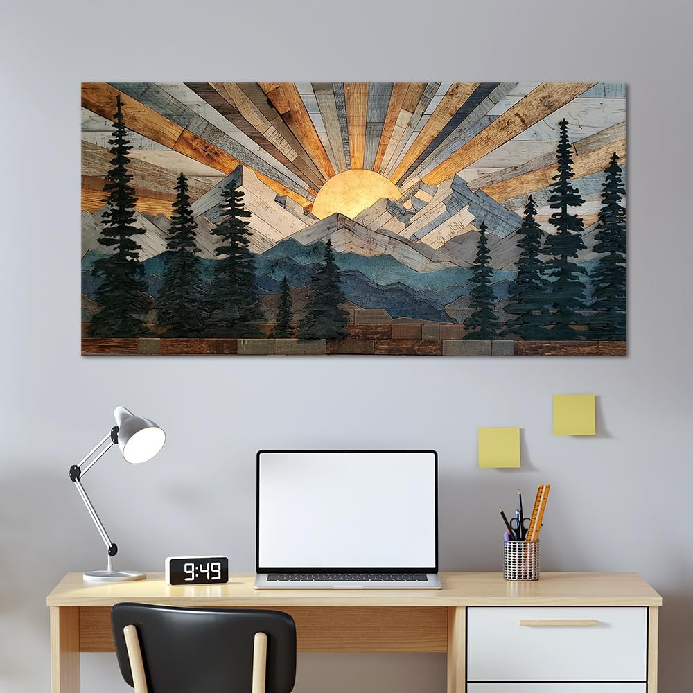Boho Rustic Farmhouse Mountain Wall Art Sunrise Pine Tree Forest Nature Scenery Paintings Pictures Wall Decor Wood Texture Landscape Canvas Prints Artwork for Living Room Bedroom Home Office 28' x 58'