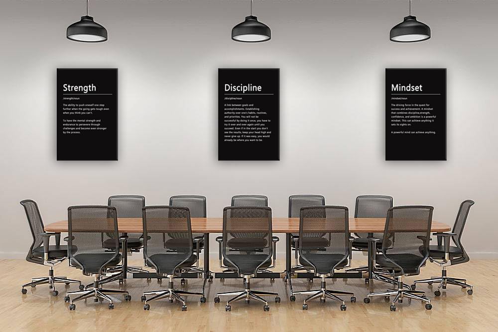 Canvas Painting Wall Art Success Quote Motivational Wall Art Strength Discipline Mindset Noun 3 Pieces Black Poster Positive Inspirational Framed Artwork Prints Picture for Home Office[72''Wx 36''H]