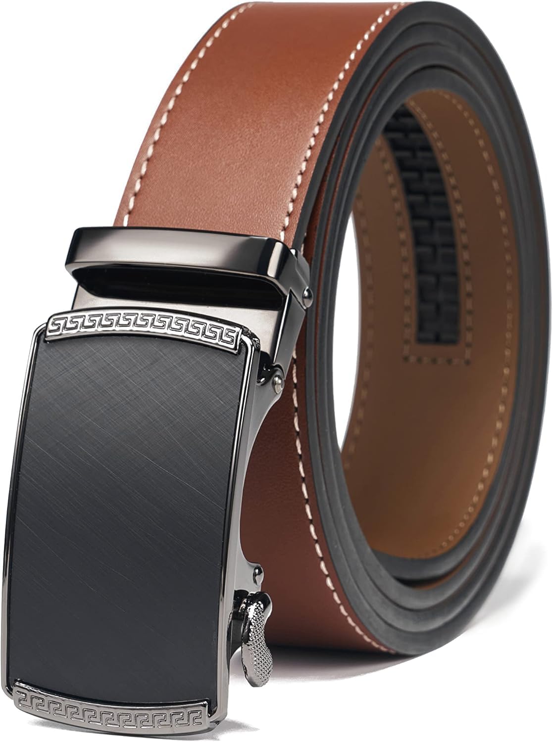 Ratchet Belt for Men, Genuine Leather Adjustable Click Dress Belt with Slide Buckle, Trim to Fit, Gift Box Included