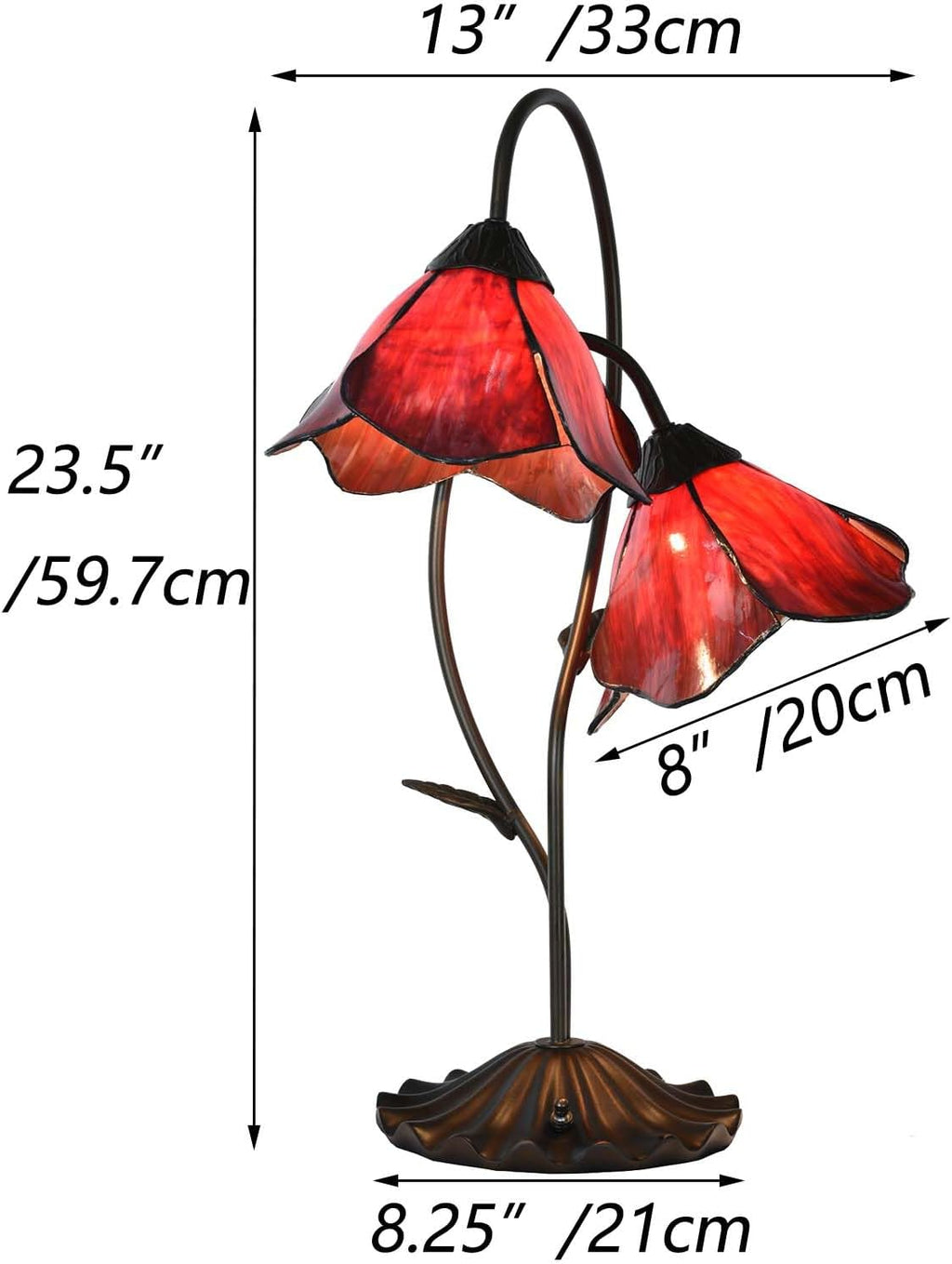 Bieye L12019 Flower Tiffany Style Stained Glass Table Lamp with 8-inch Wide Bent Glass Lampshade Lily Pad Base (Red, 2-Light)