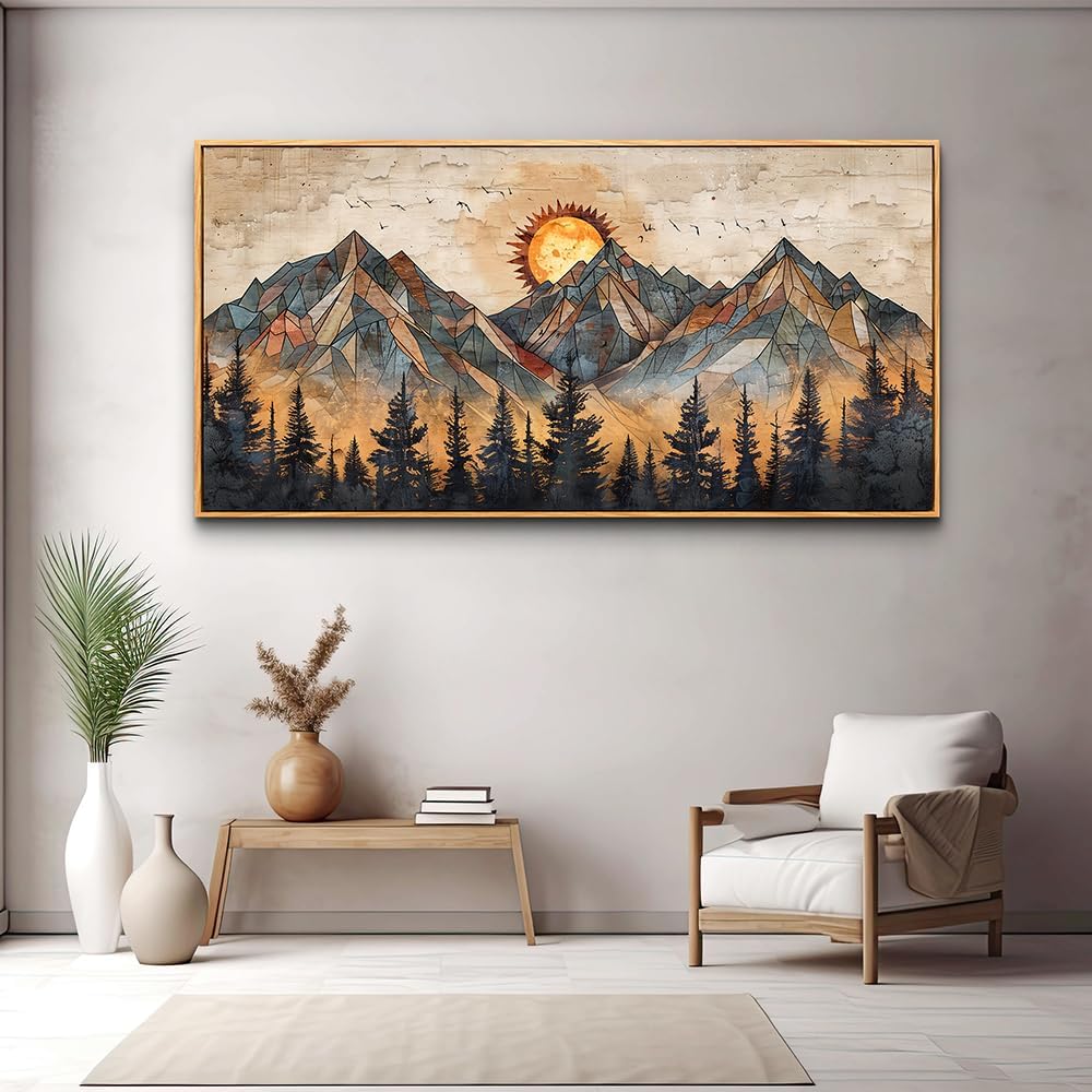 ZUITINGHUA Wood Framed Abstract Wall Art For Living Room Large Canvas Wall Decor For Office Bedroom Decorations Boho Wall Pictures Mountain Landscape Paintings Modern Home Mural Artwork 30x60 In