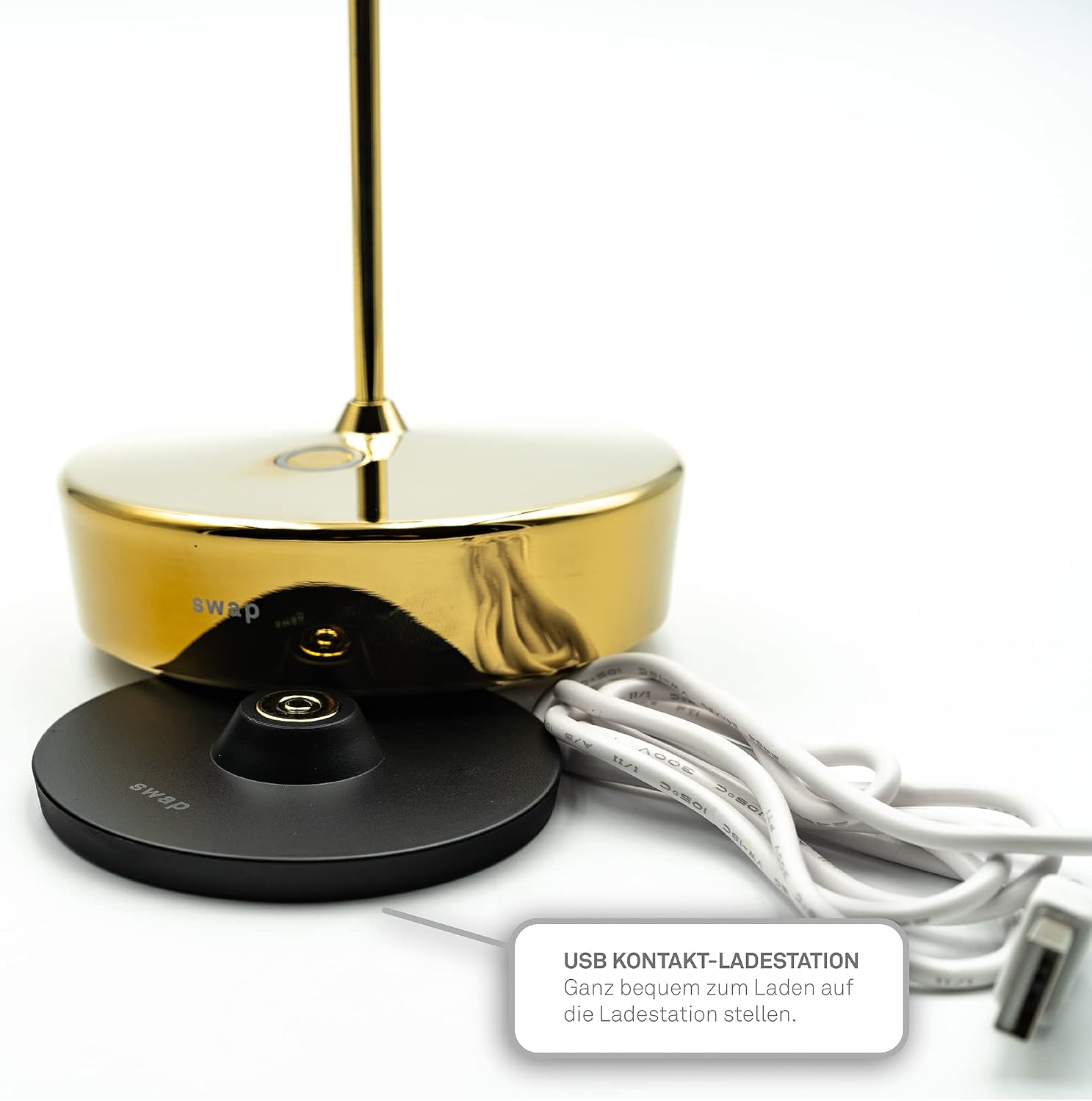 Zafferano, Swap Mini Lamp with Shiny Golden Finish, Rechargeable and Wireless Table Lamp with Touch Control, Suitable for Indoor Use, Dimmer, 2700K, Height 14.8 cm