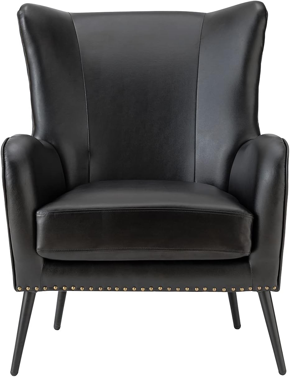 HULALA HOME Faux Leather Accent Chair Set of 2 with Removable Cushion, Comfy Upholstered Armchair with Metal Legs & Nailhead Trim Wingback Vanity Chair for Reading Living Room Bedroom, Black