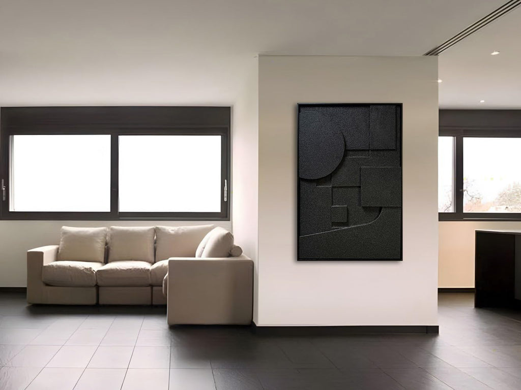 Slyart Black Textured Wall Art, Handmade Contemporary Art 3D Abstract Relief Painting, Framed Thick Texture Vertical Wall Art 24x36 Inch