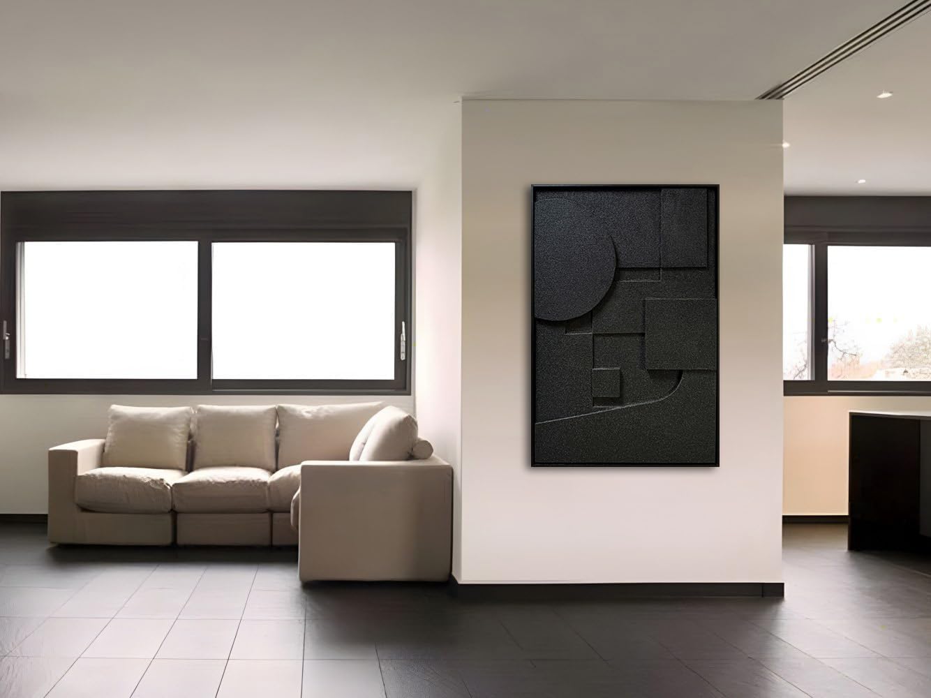 Slyart Black Textured Wall Art, Handmade Contemporary Art 3D Abstract Relief Painting, Framed Thick Texture Vertical Wall Art 24x36 Inch